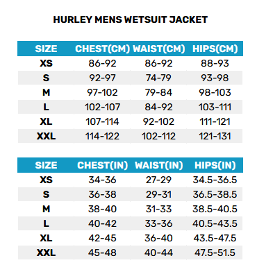 2025 hurley mens wetsuit jacket 0 Size Chart